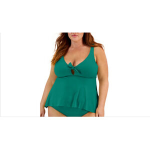 Becca Etc Plus Size Solid Color Code Asymmetrical Tankini Top, Fern 13803